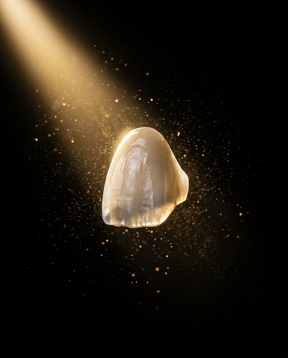 A porcelain veneer catching golden light on black