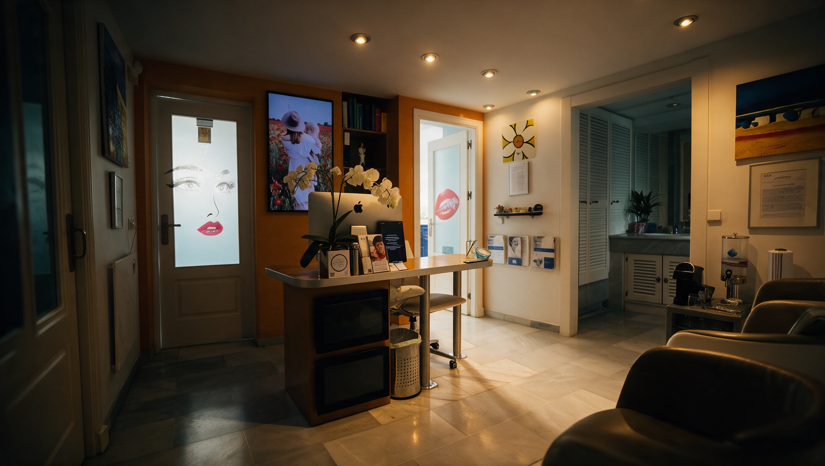 The warm marble reception of Dental Marbella