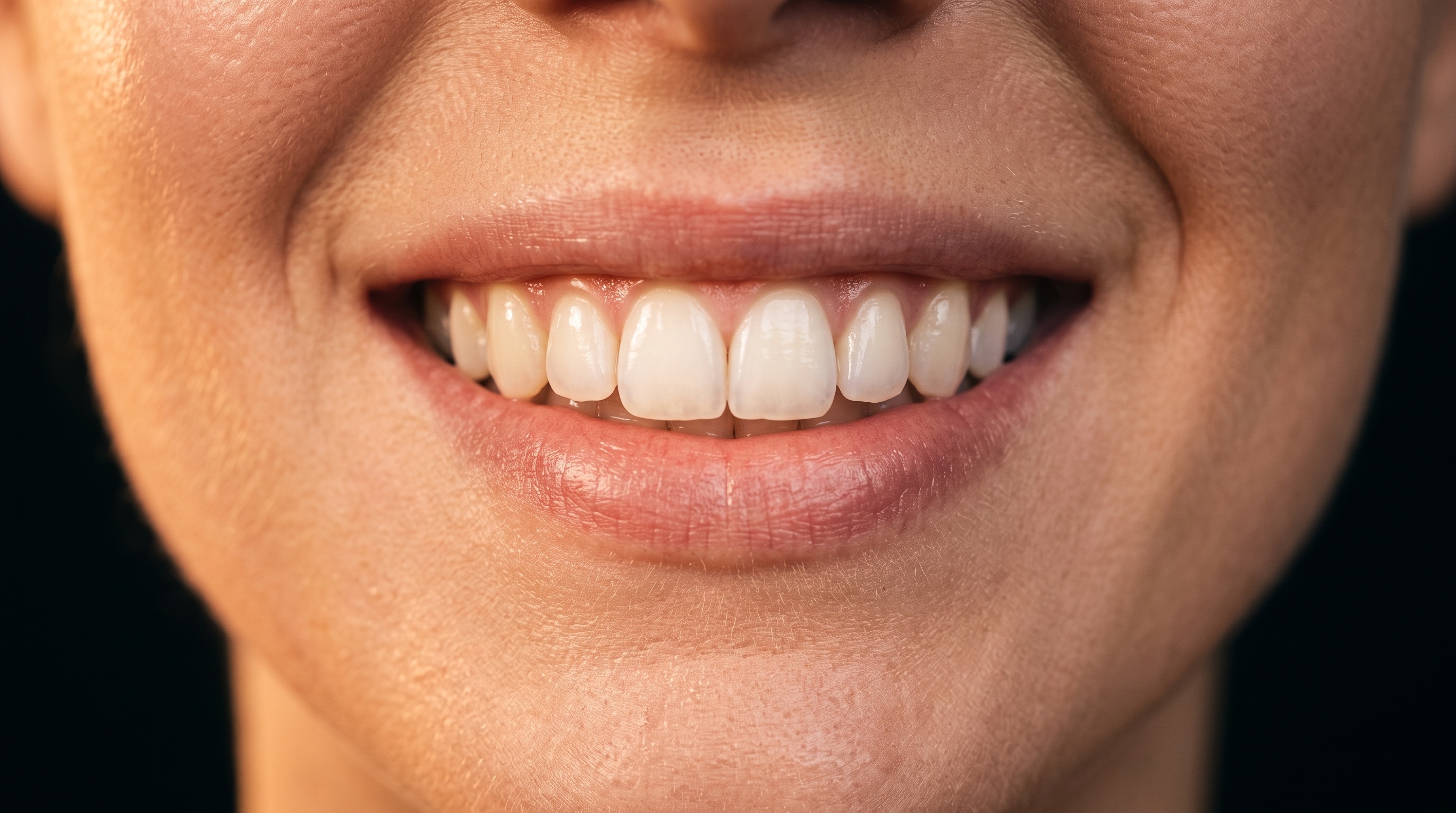 A healthy smile with firm pink gums, up close