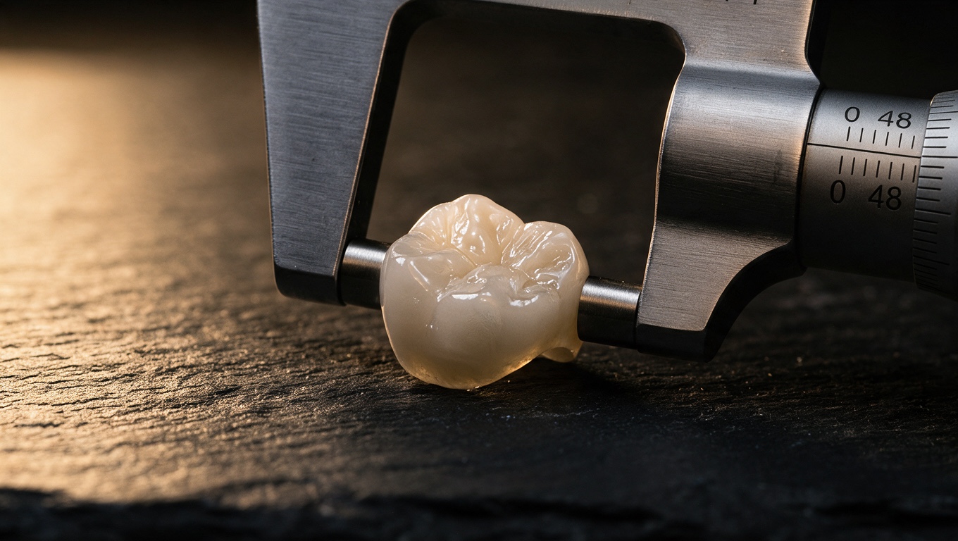 A ceramic crown measured in a precision micrometer