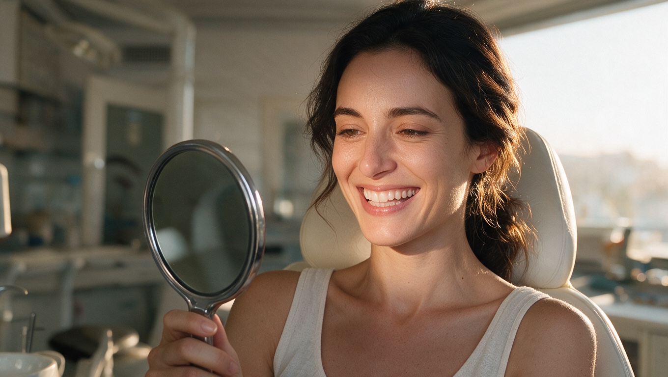 A patient admiring her smile in a hand mirror